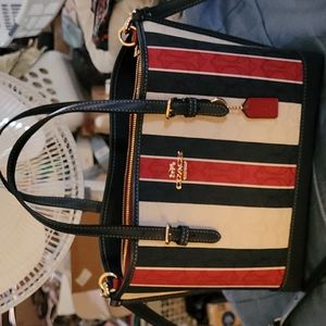 Coach Mollie 25 tote with Crossbody strap. Blue Red and Cream. LIKE NEW